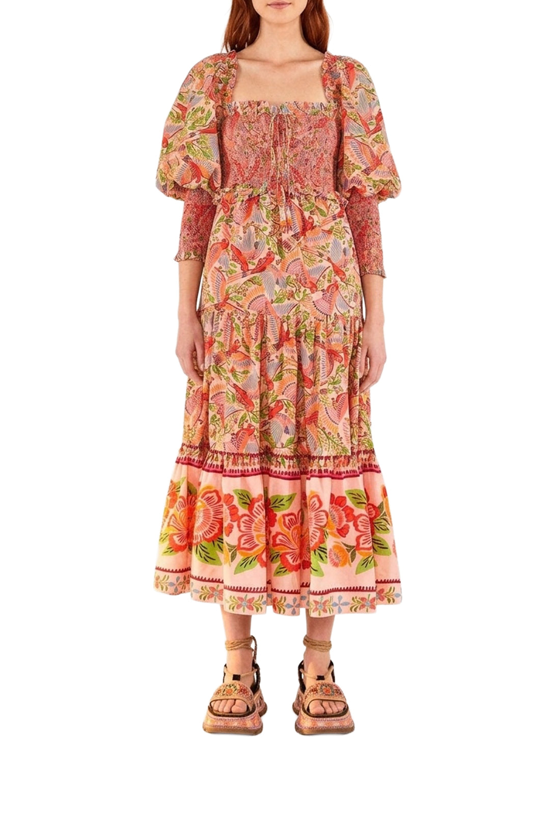 Robe midi Macaw Flight à manches bouffantes en coton - Rose