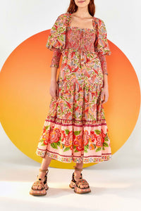 Robe midi Macaw Flight à manches bouffantes en coton - Rose