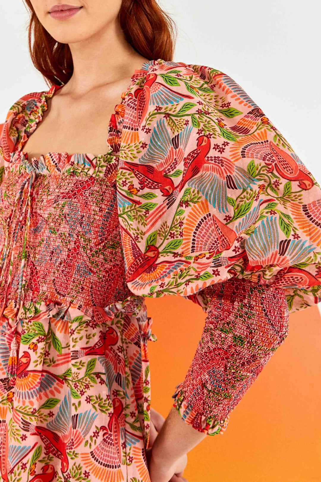 Robe midi Macaw Flight à manches bouffantes en coton - Rose