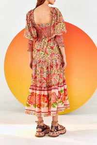 Robe midi Macaw Flight à manches bouffantes en coton - Rose