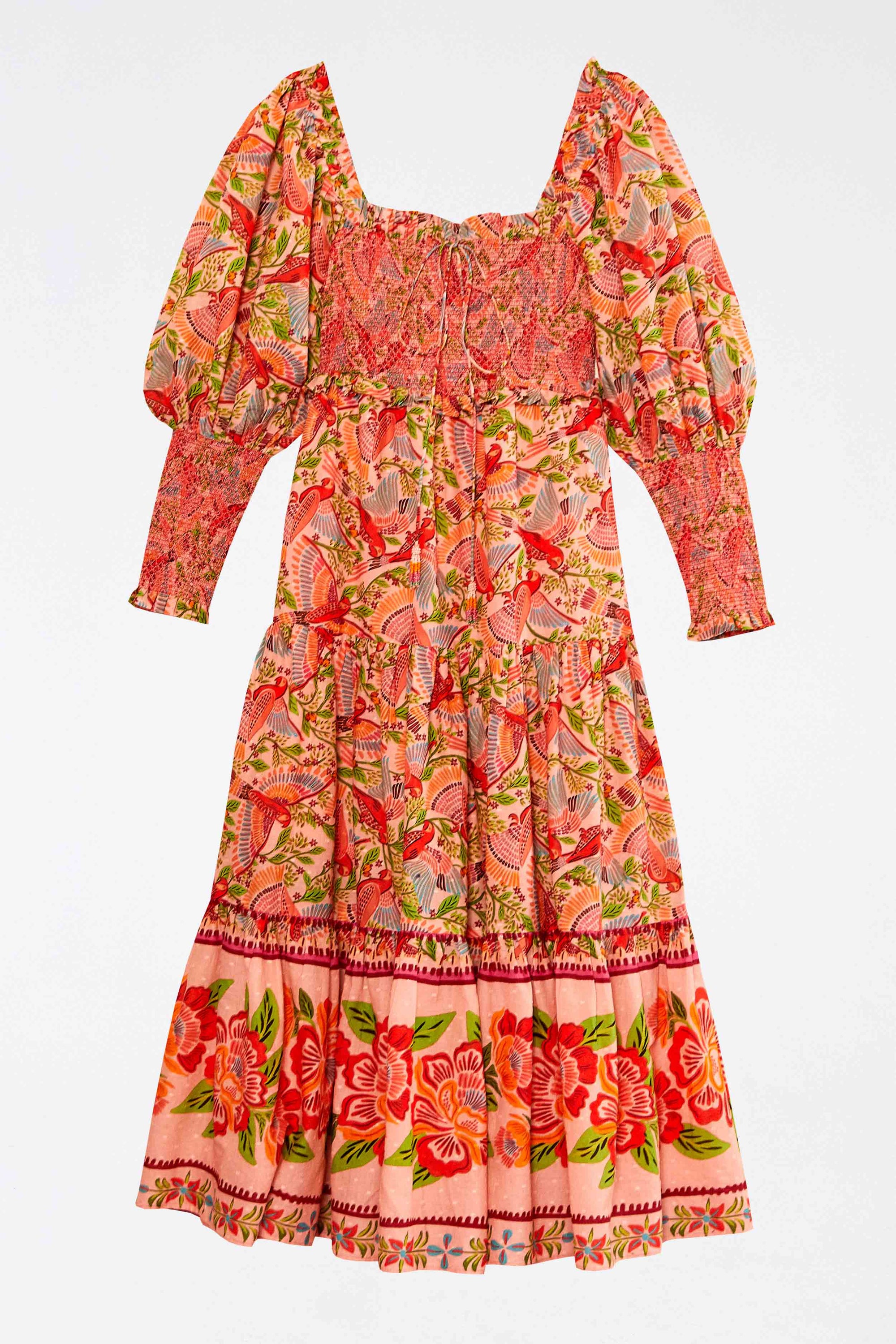 Robe midi Macaw Flight à manches bouffantes en coton - Rose
