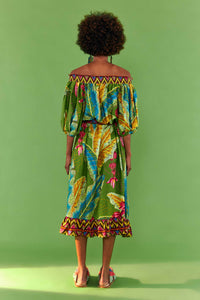Banana Leaves off-the-shoulder linen midi dress - Green