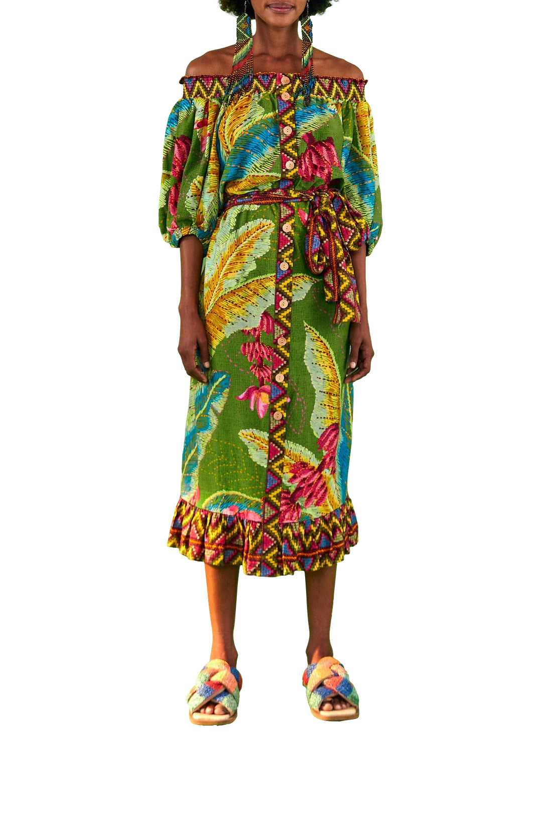Banana Leaves off-the-shoulder linen midi dress - Green