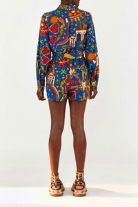 Folk Party belted linen playsuit - Blue