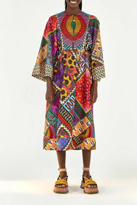 Linen print midi dress - Multicolour
