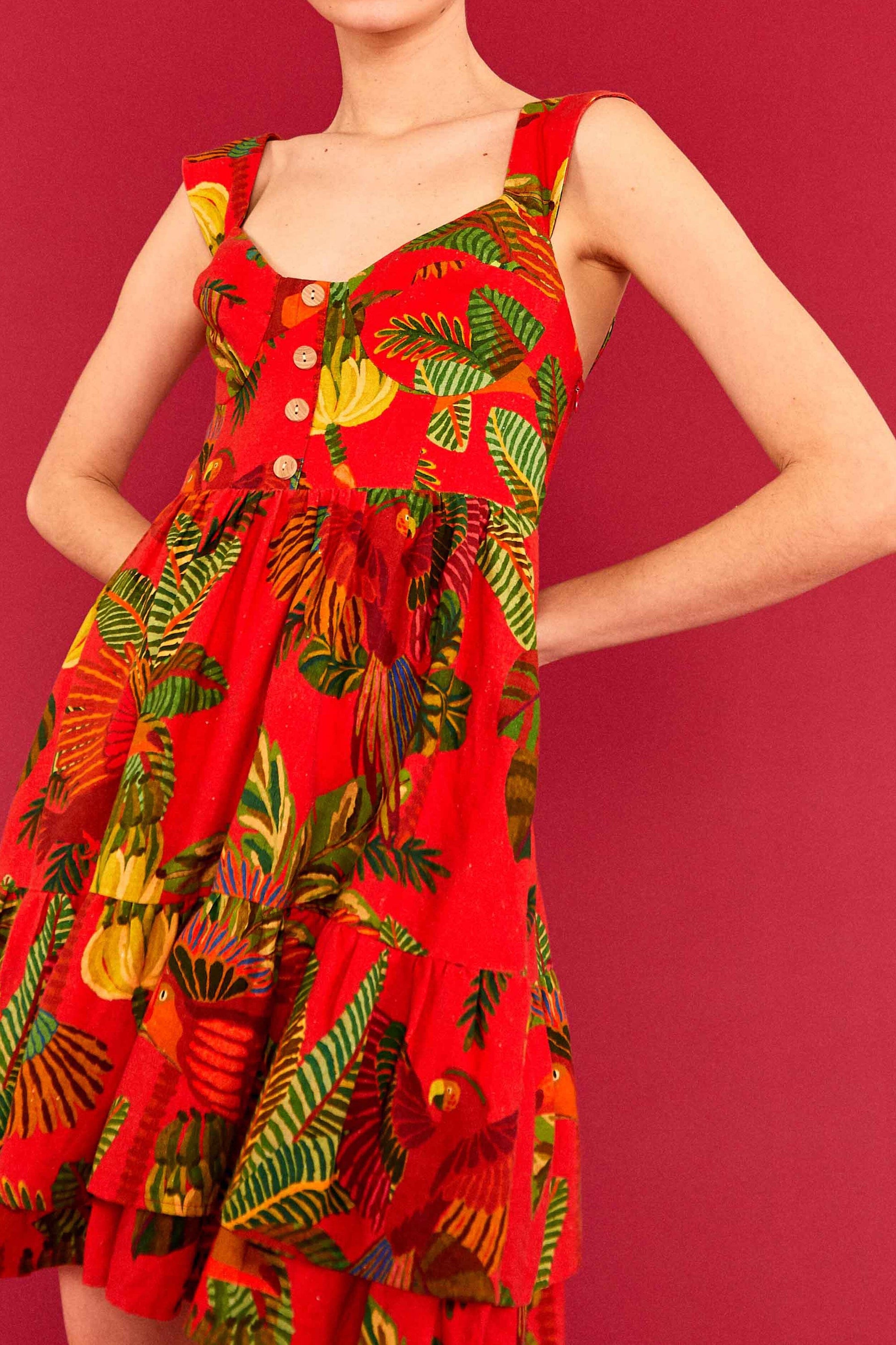 MEDIA OFF LINE_Robe courte Forest Birds en lin - Rouge
