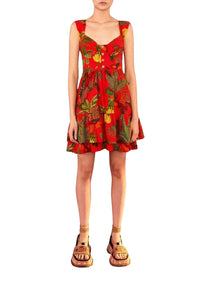 Forest Birds short linen dress - Red