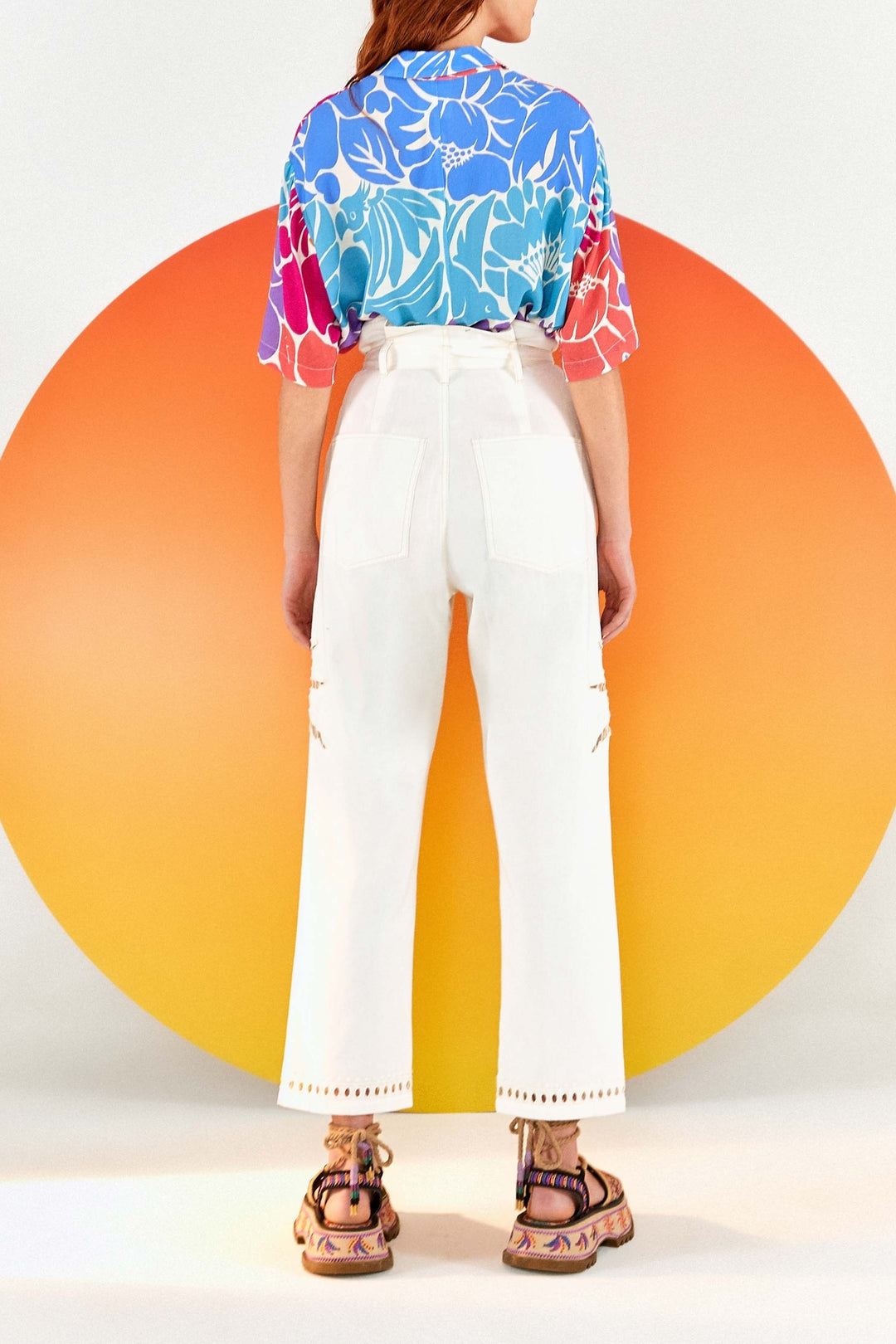 Pantalon brodé Palmiers en coton - Blanc