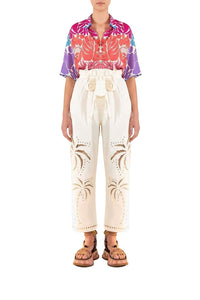 Pantalon brodé Palmiers en coton - Blanc