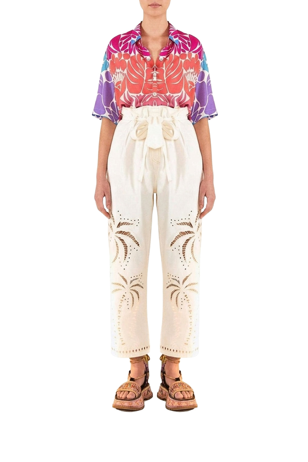 Pantalon brodé Palmiers en coton - Blanc