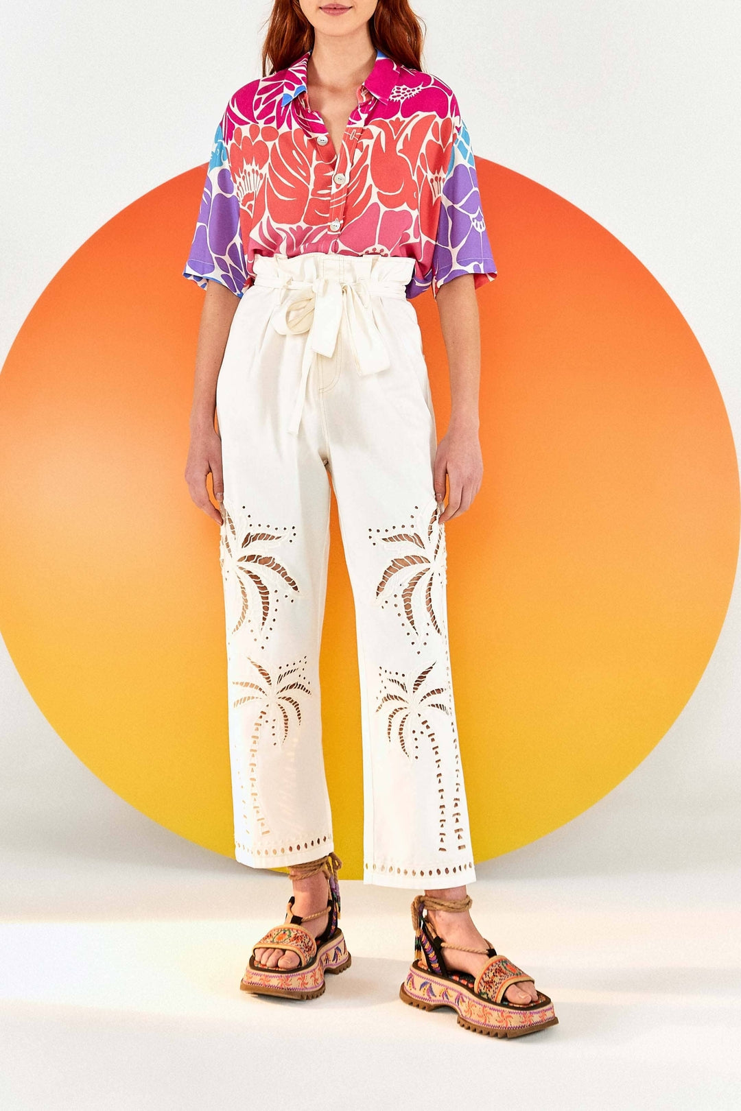 Pantalon brodé Palmiers en coton - Blanc
