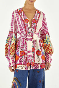 Kimono brodé en coton - Rose