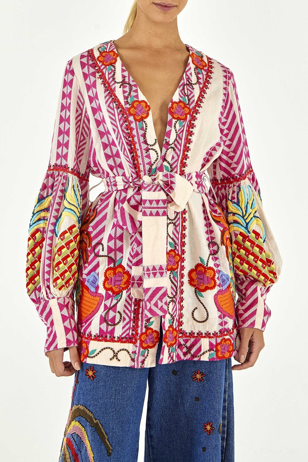 Kimono brodé en coton - Rose