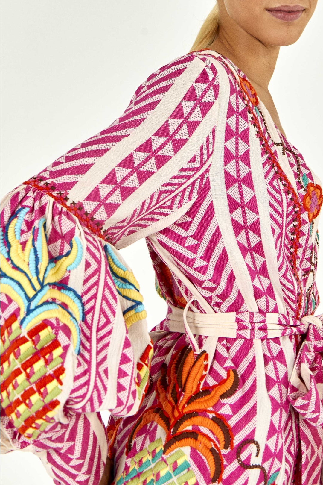 Kimono brodé en coton - Rose