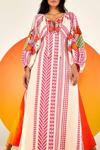 Robe longue brodée en coton - Rose