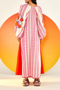 Robe longue brodée en coton - Rose