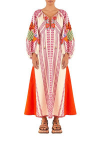 Robe longue brodée en coton - Rose