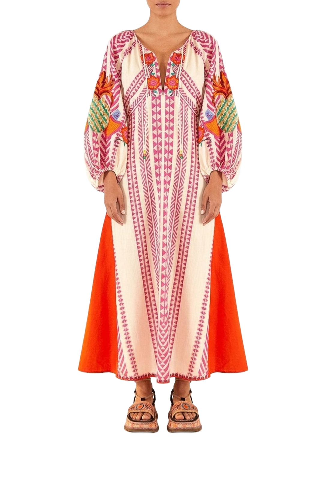 Robe longue brodée en coton - Rose