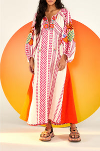 Robe longue brodée en coton - Rose
