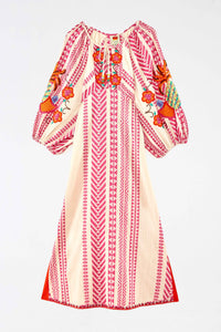 Robe longue brodée en coton - Rose