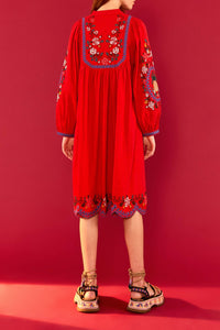 Robe midi brodée en lin - Rouge