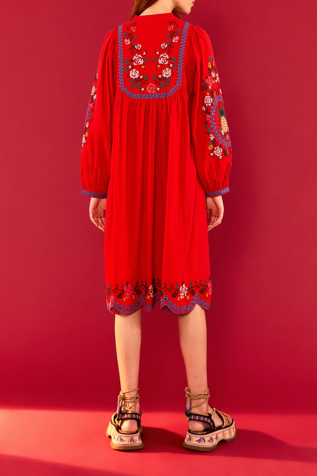 Robe midi brodée en lin - Rouge
