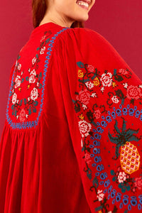Robe midi brodée en lin - Rouge