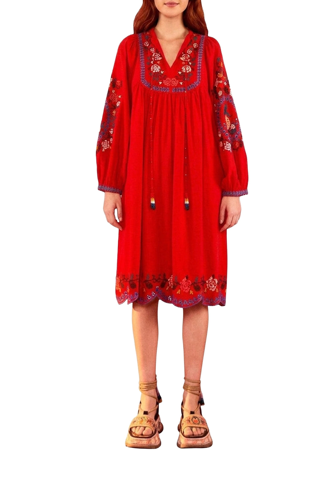 Robe midi brodée en lin - Rouge