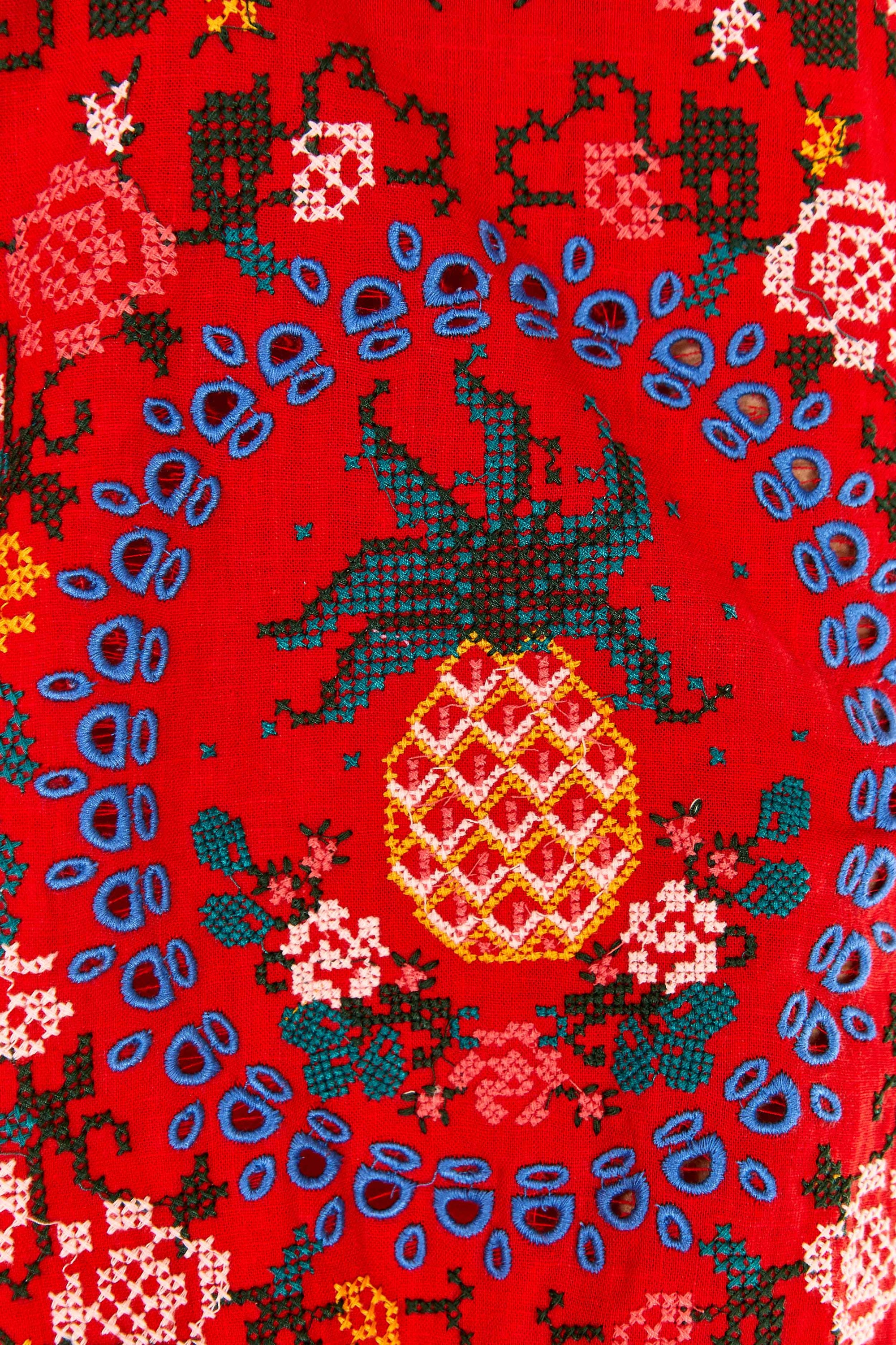 Robe midi brodée en lin - Rouge
