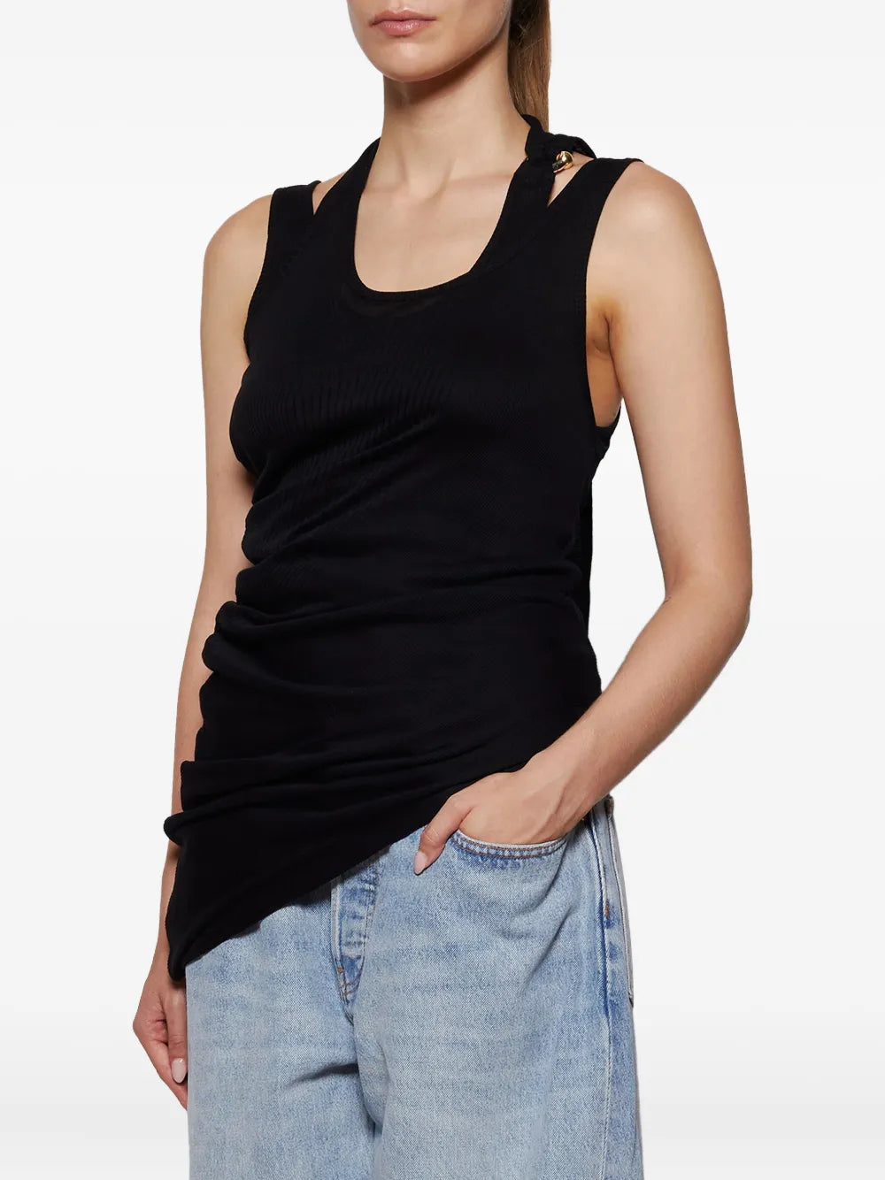 Cotton Ribbed Twisted Double Layer Tank Top With "Gaultier" Piercing - Black