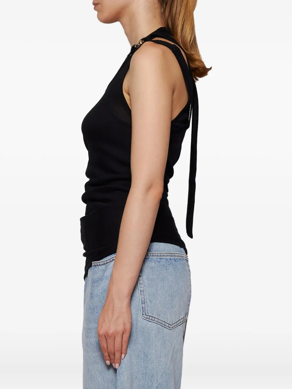 Cotton Ribbed Twisted Double Layer Tank Top With "Gaultier" Piercing - Black