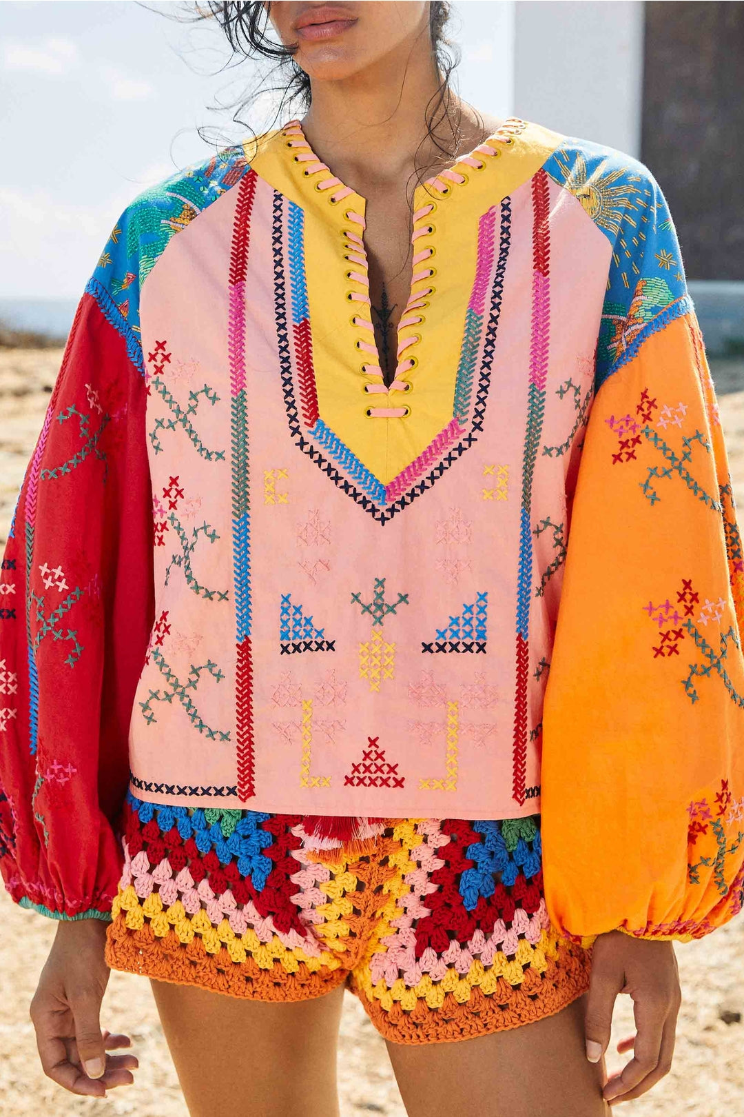 Blouse Color blocking brodée - Multicolore