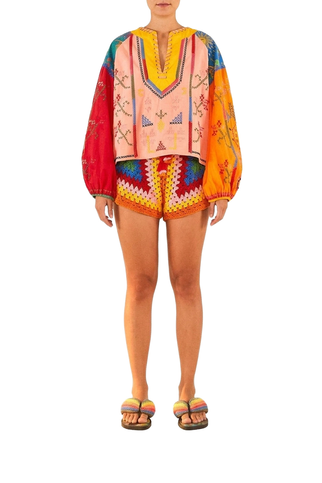 Blouse Color blocking brodée - Multicolore