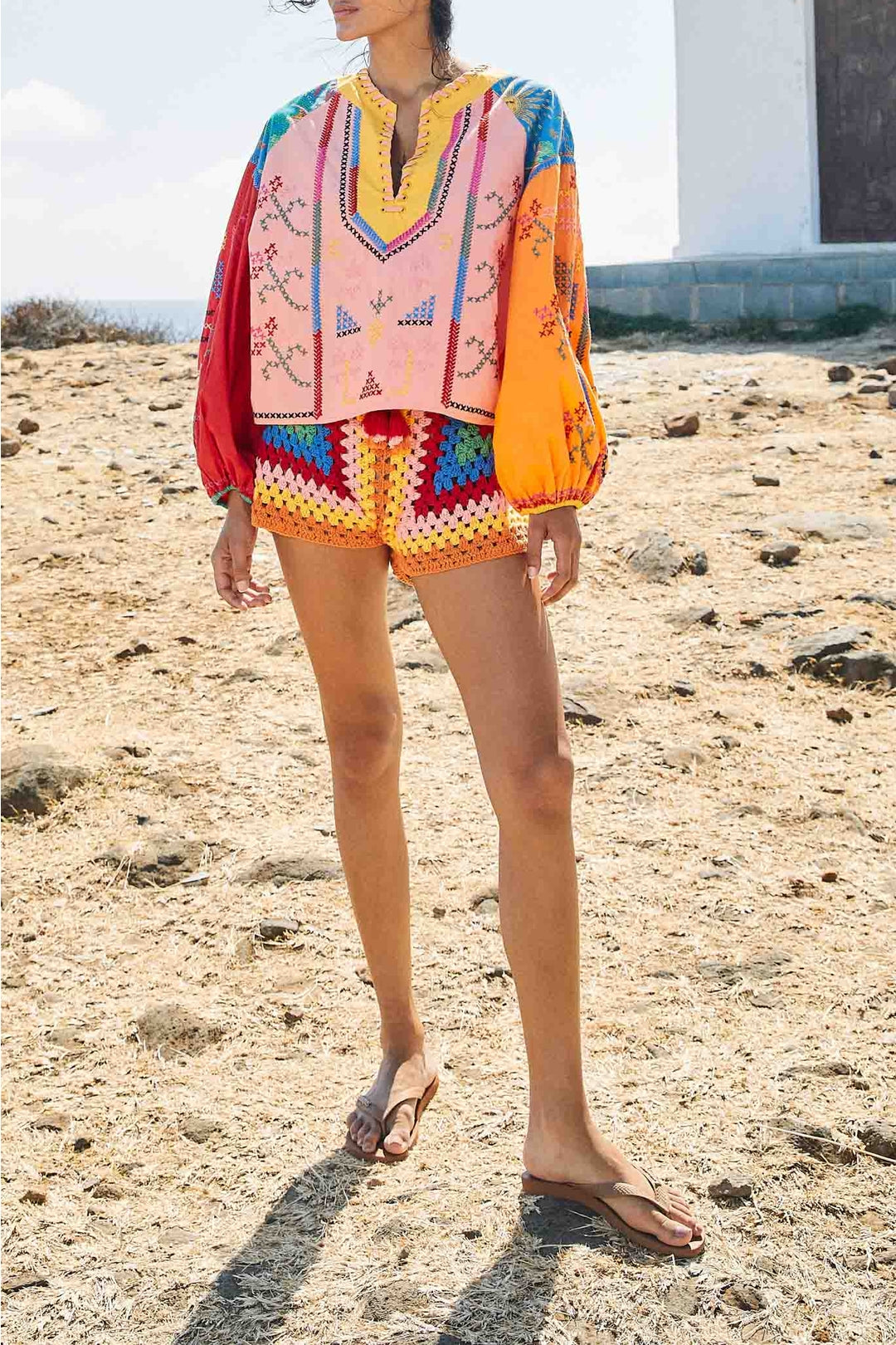 Blouse Color blocking brodée - Multicolore