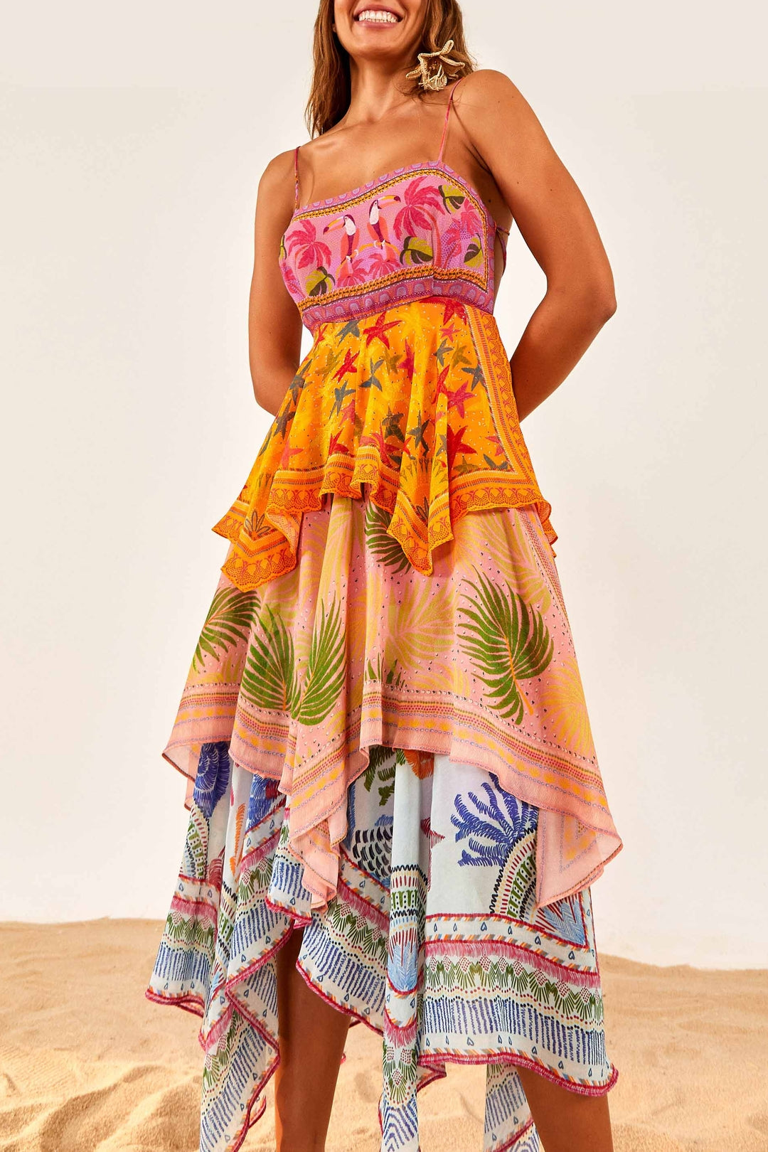 Robe midi à multiples foulards - Jaune