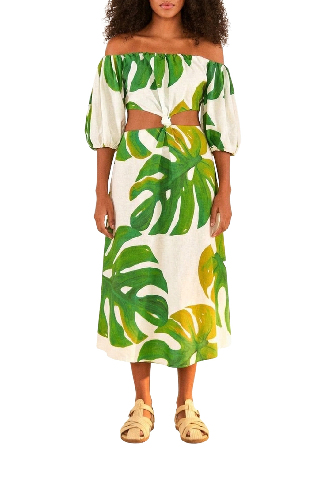 Monstera midi dress with linen bow - White