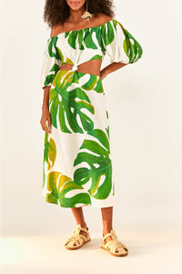 Monstera midi dress with linen bow - White