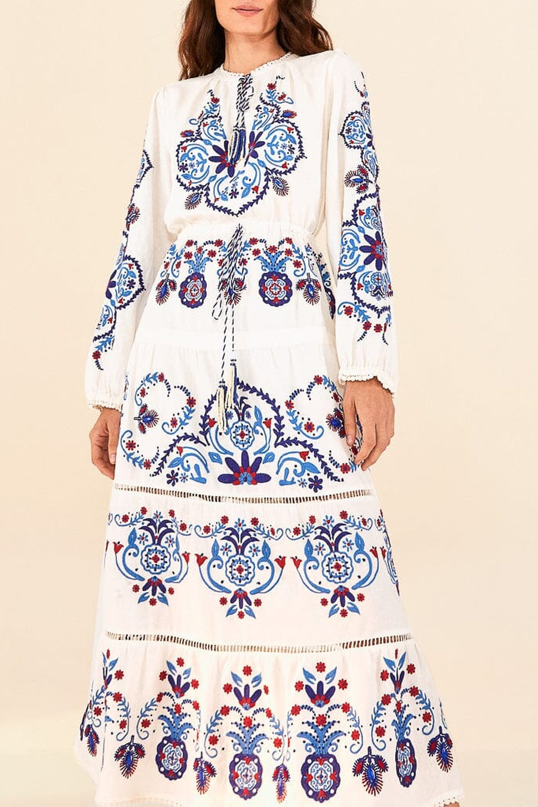 Embroidered linen maxi dress - White
