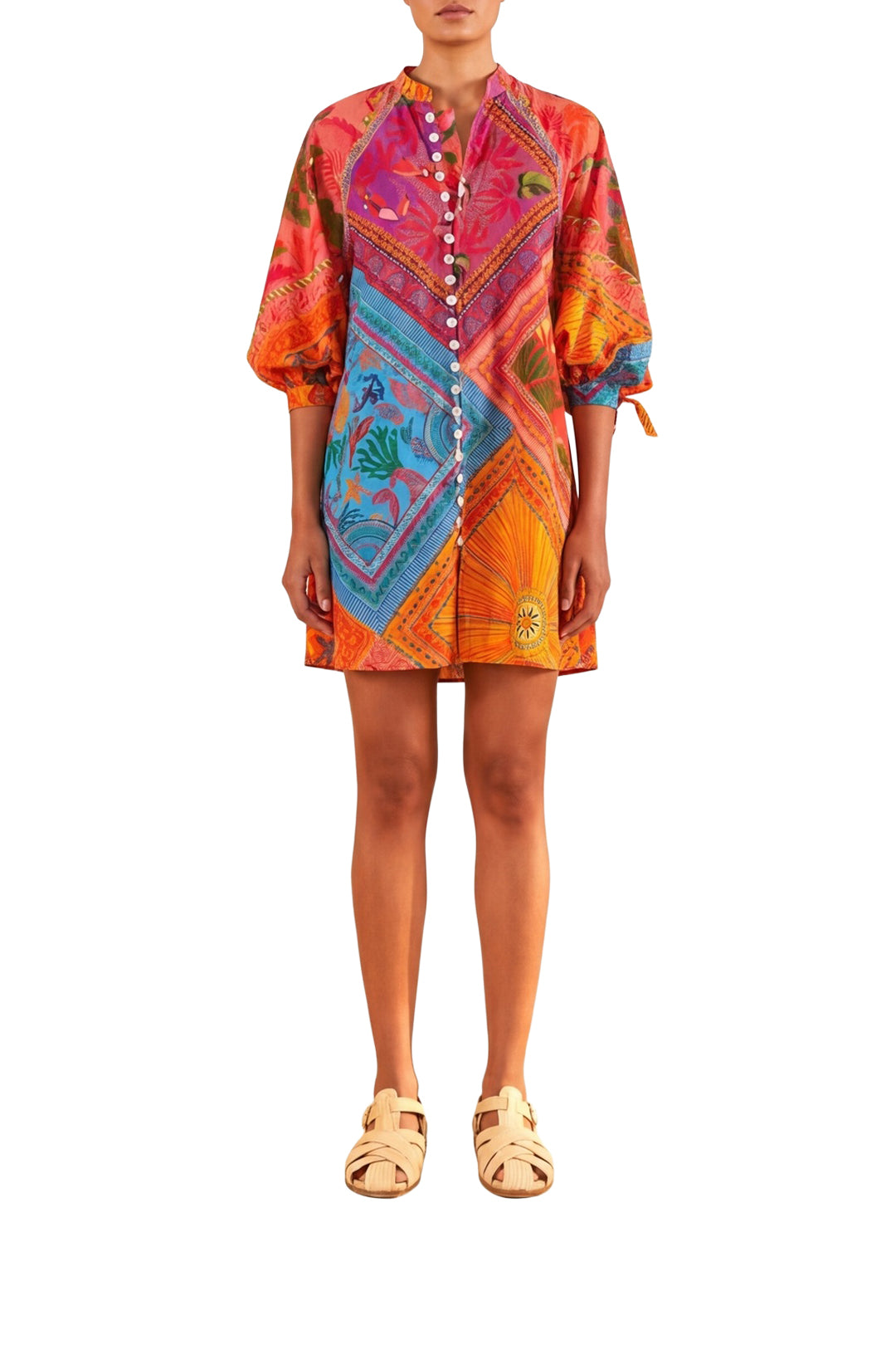 Buttoned short dress with puffed sleeves in cotton - Multicolour