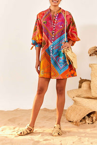 Buttoned short dress with puffed sleeves in cotton - Multicolour