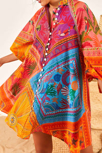 Buttoned short dress with puffed sleeves in cotton - Multicolour