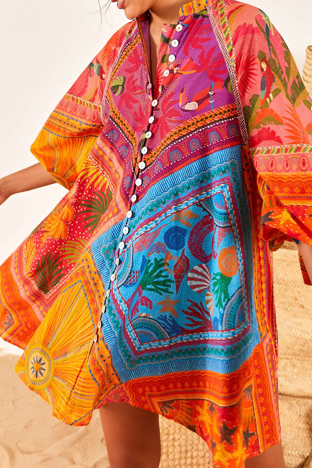 Buttoned short dress with puffed sleeves in cotton - Multicolour