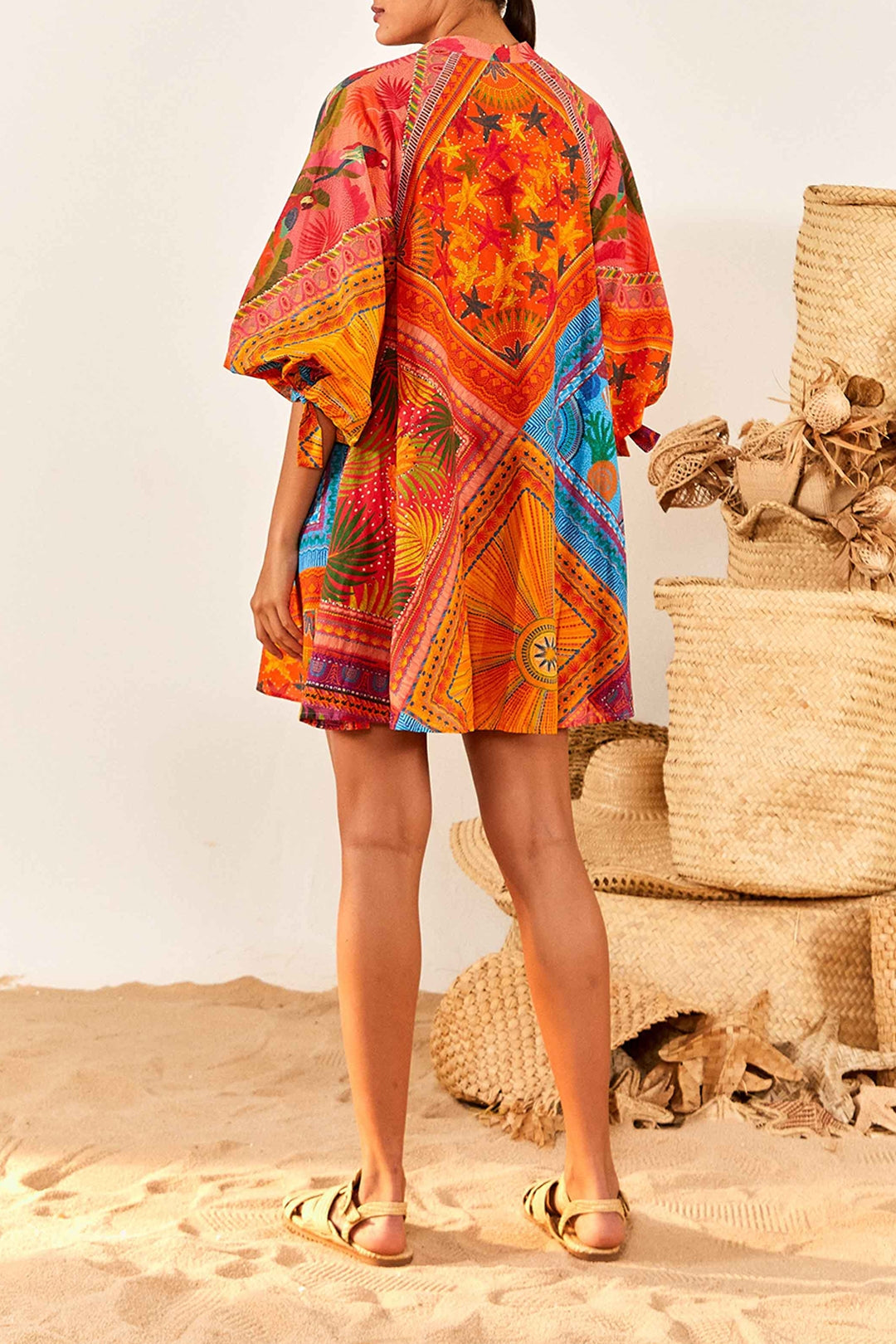 Buttoned short dress with puffed sleeves in cotton - Multicolour