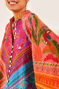Buttoned short dress with puffed sleeves in cotton - Multicolour