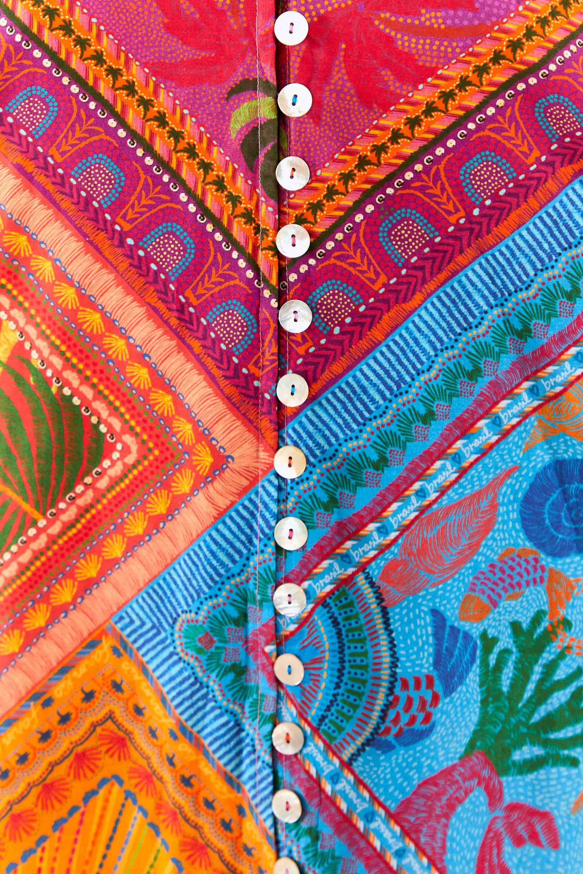 Buttoned short dress with puffed sleeves in cotton - Multicolour