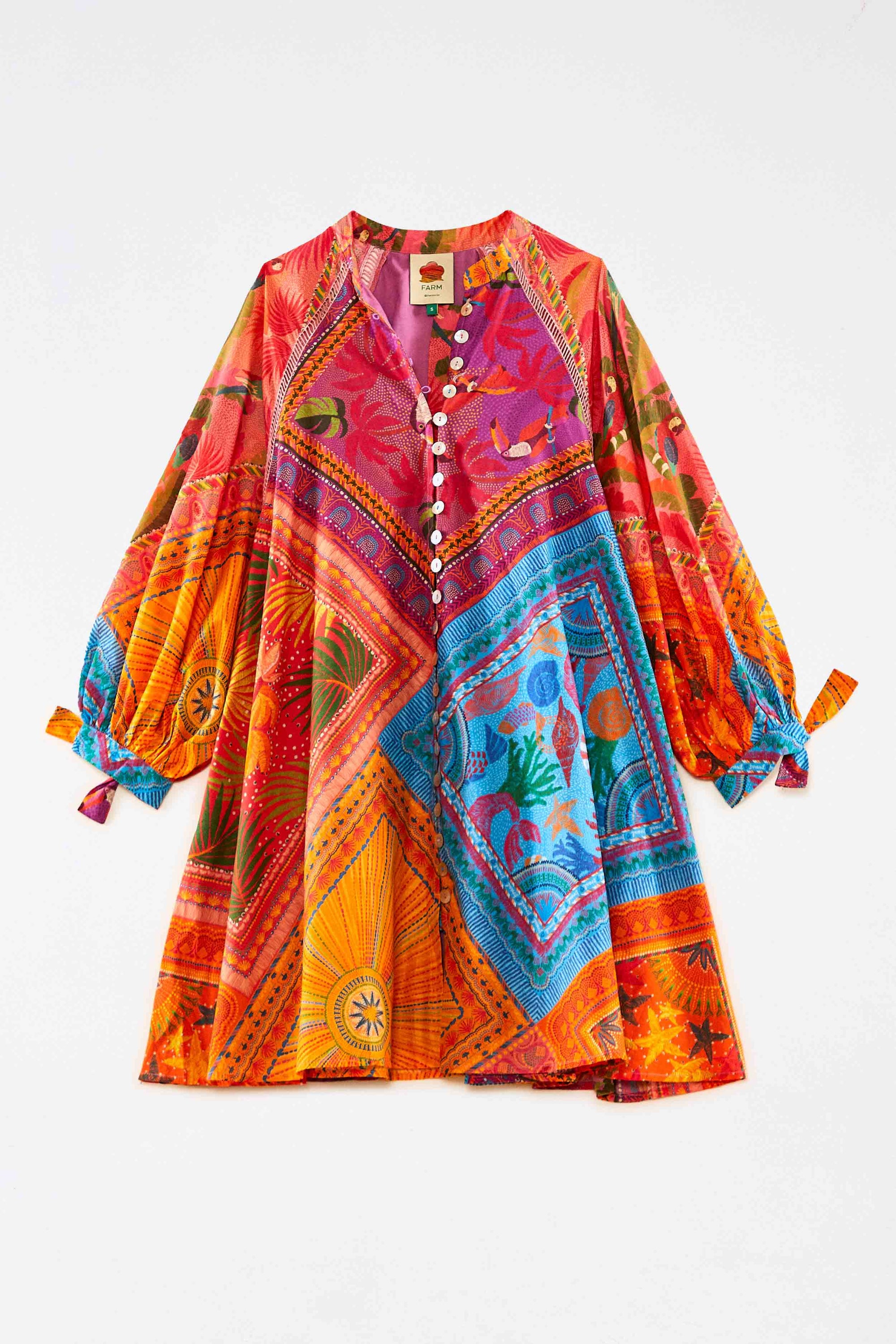 Buttoned short dress with puffed sleeves in cotton - Multicolour