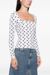 Moon Printed Jersey Ls Squareneck Top - Blanc