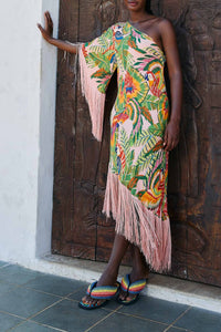 Robe midi épaule asymétrique - Multicolore