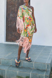 Robe midi épaule asymétrique - Multicolore