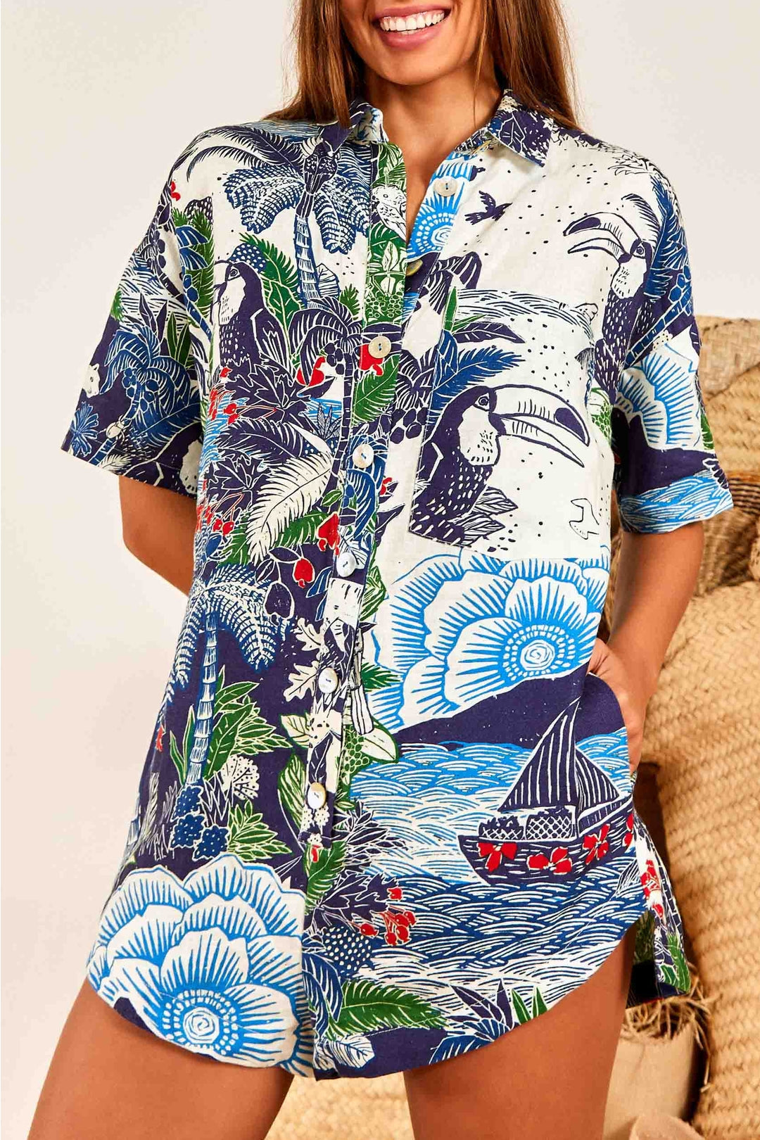 Combi-short graphique Rio en lin - Bleu